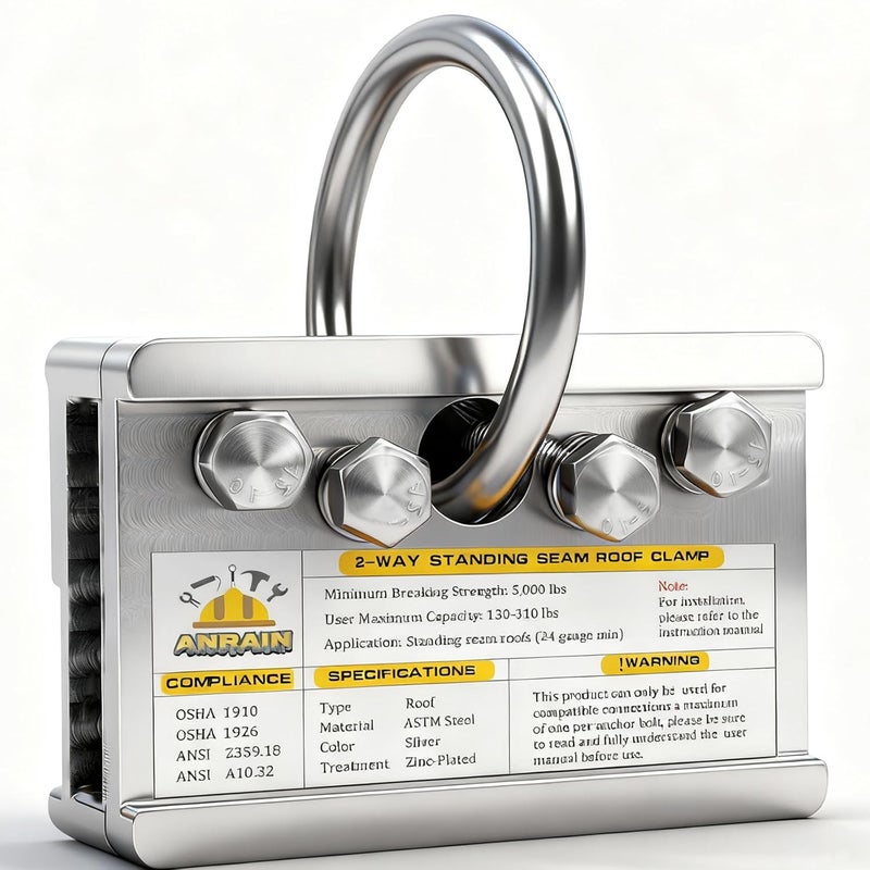 Anrain Fall Protection Roof Anchor, 2-Way Standing Seam Clamp | Non-Penetrating Design | 5000lbs Capacity | Galvanized Steel | for Metal Roof & Ladder Safety - Image 1